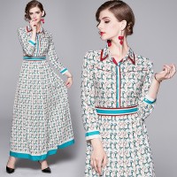 Spring Summer Fall Vintage Print Collar Womens Maxi Dress