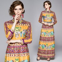 Spring Summer Fall Vintage Print Collar Womens Maxi Dress