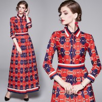 Spring Summer Fall Vintage Print Collar Womens Maxi Dress