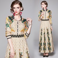 Spring Summer Fall Vintage Print Collar Womens Maxi Dress