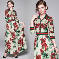 Spring Summer Fall Vintage Print Collar Womens Maxi Dress