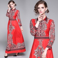 Spring Summer Fall Vintage Print Collar Womens Maxi Dress