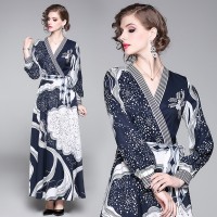 Runway Vintage Print V Neck Belt Womens Maxi Wrap Dress