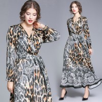 Runway Vintage Print V Neck Belt Womens Maxi Wrap Dress