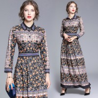 Spring Summer Fall Floral Print Collar Womens Maxi Dress