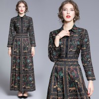 Spring Summer Fall Vintage Print Collar Womens Maxi Dress