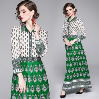 Spring Summer Fall Vintage Print Collar Womens Maxi Dress