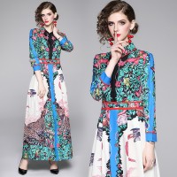 Spring Summer Fall Vintage Print Collar Womens Maxi Dress