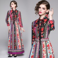 Spring Summer Fall Vintage Print Collar Womens Maxi Dress