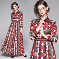 Spring Summer Fall Vintage Print Collar Womens Maxi Dress