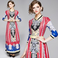 Spring Summer Fall Vintage Print Collar Womens Maxi Dress