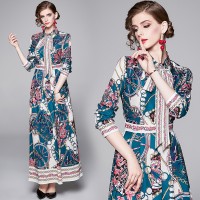 Spring Summer Fall Vintage Print Tie Neck Womens Maxi Dress