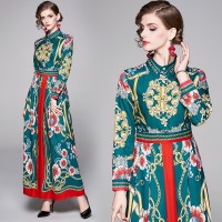 Spring Summer Fall Vintage Print Collar Womens Maxi Dress