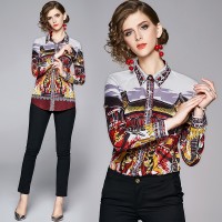 Runway Vintage Floral Print Collar Women Top Shirt Blouse