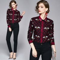 Vintage Animilar Letter Print Collar Women Top Shirt Blouse