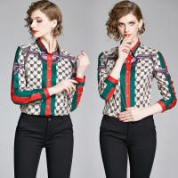 Spring Summer Fall Vintage Print Collar Women Shirt Blouse