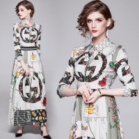 Spring Summer Fall Vintage Print Collar Womens Maxi Dress