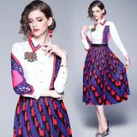 Spring Summer Fall Vintage Print Collar Womens Midi Dress