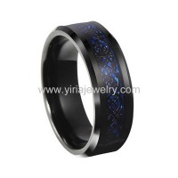 Blue Fiber based black dragon inlay tungsten mens rings