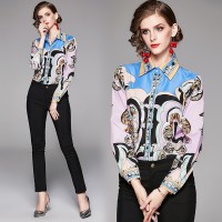 Spring Summer Fall Vintage Print Collar Women Shirt Blouse