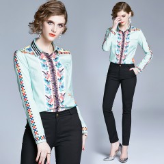 Vintage Print Collar Long Sleeve Women Casual Shirt Blouse图1