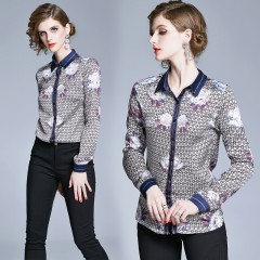 Vintage Print Collar Long Sleeve Women Casual Shirt Blouse图3