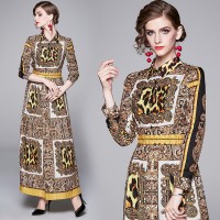 Spring Summer Fall Baroque Print Collar Womens Maxi Dress