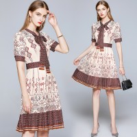 Summer Vintage Print Tie Neck Short Sleeve Women Midi Dress