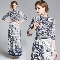 New Spring Summer Fall Vintage Print Collar Women Maxi Dress