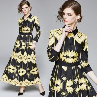 New Spring Summer Fall Vintage Print Collar Women Maxi Dress