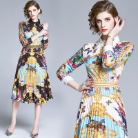 Spring Summer Fall Baroque Print Collar Women Midi Dress