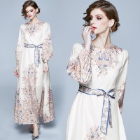 Spring Summer Fall Floral Print Crew Neck Women Maxi Dress