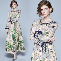 Spring Summer Fall Floral Print Crew Neck Women Maxi Dress