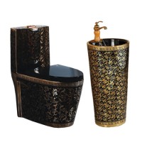 Chinese Sanitary Ware Living Room Ceramic Floor Stand Black Golden Color Toilet and Basin