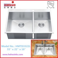 Top Mount Double Bowl Handmade Sink with Cupc Approved (HMTD3322L)