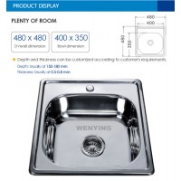 Wenying Factory Price Small Square Stainless Steel Basin with Drain-Pipe 480*480mm