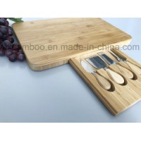 Rectangle Bamboo Chopping Board with Hidden Drawer 4 Piece Knife for Vegetable  Bread  Cheese  Pizza