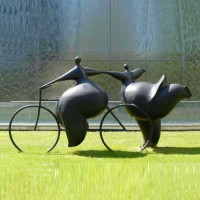 Garden Abstract Sculpture Bronze Dancing Fat Couple with Bicycle Statue