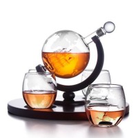 Top Quality High Borosilicate Glass Wine Bottle Dispenser with Earth Shape & Wooden Tray