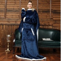 One Size Fit All Adult Sherpa Fleece Plush Wearable Long TV Blanket with Sleeves