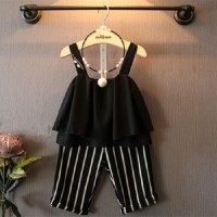 Baby Girl Toddler Kids Apparel Set Two Piece Summer Wear Set Pullover Sleeveless Chiffon Top + Strip