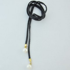 White Pearl Metal End Crystal Tassel with Black Leather Cord for Clothes图1