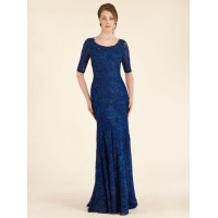 Navy blue Lace Mother Evening Dresses Blue Formal Gowns 1/2 Sleeve Mother of The Birde Dress