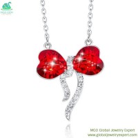 MGO Global Gem Jewelry Red Crystal Bowknot Silver Gemstone Necklace at Wholesale Price