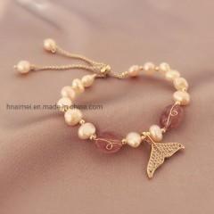 Charming Natural Freshwater Baroque Pearl Strawberry Quartz String Fish Tail Pendant Bracelet图1